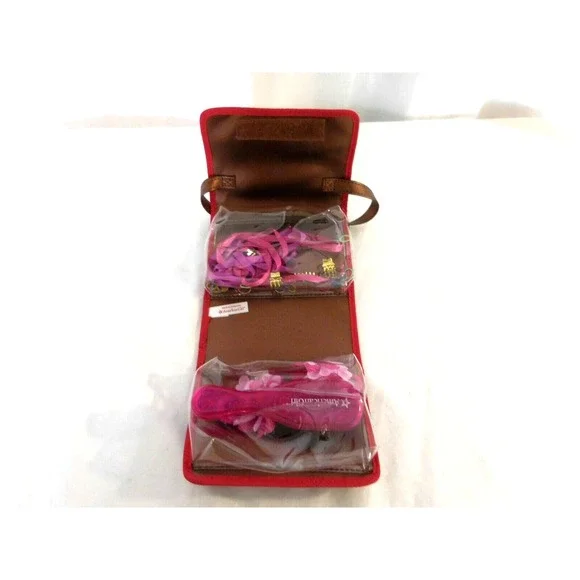 American Girl Doll Brown Red Storage Purse Handle Bag + Brush + Accessories
