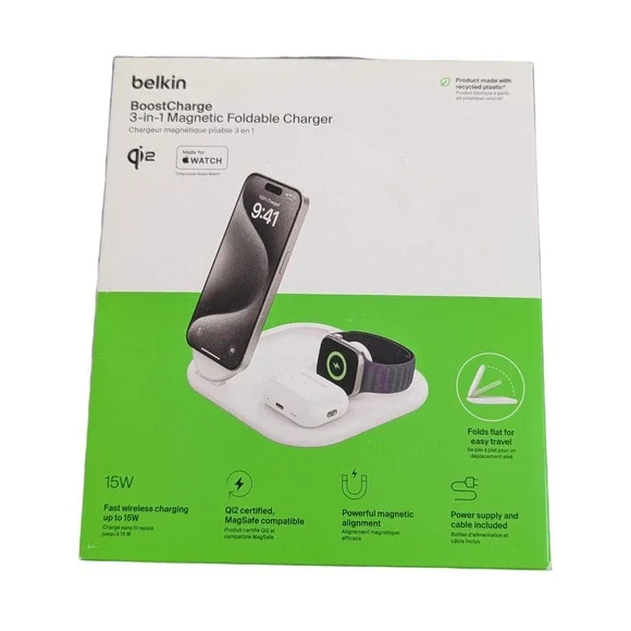 BbN Belkin Boost Charge 3-in-1 Qi2 15W Magnetic Foldable Charger w/ Magsafe Whte