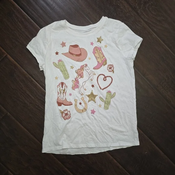 Children's Place Girls Western Unicorn White Short Sleeve Tee Large