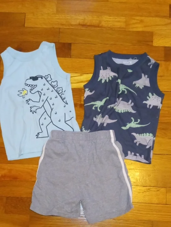 boys 4t two dinosaur tanks and gray shorts