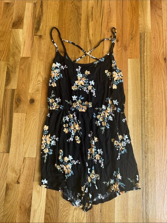 Black Floral Strappy Romper - Yellow & Blue Flowers