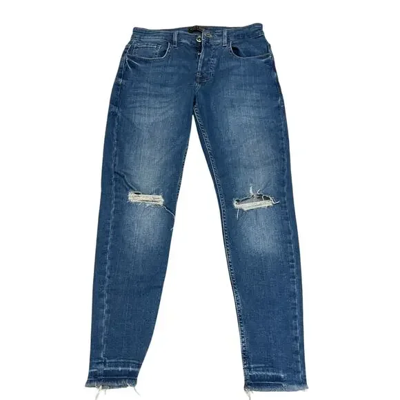 Zara Man Mens Jeans 30 Blue‎ Faded Distressed Skinny Denim Stretch Crop Frayed