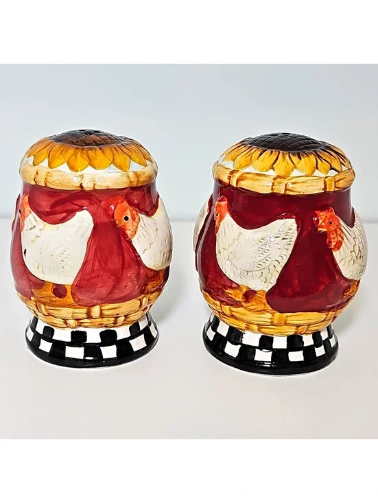 Vintage Ceramic Rooster Salt & Pepper Shaker Set Sunflower Top Hand-Painted 4 in