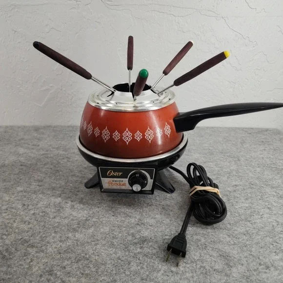 Oster Electric‎ Fondue Pot Set Vintage MCM Red Orange 70s Retro Kitchen 6 Forks