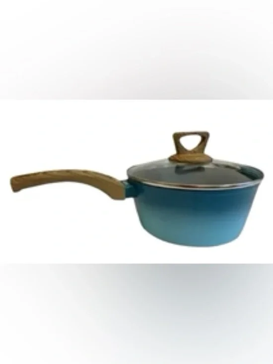 Blue 8” Nonstick Saucepan with Glass Lid and Wood-Tone Handle