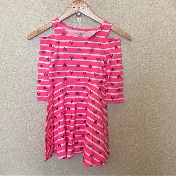 The children’s place long sleeve dress cold shoulder pink stripes and hearts nwt