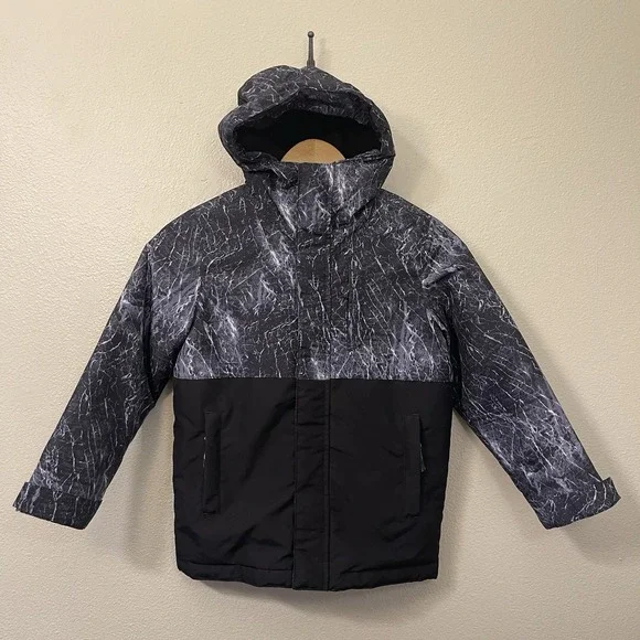 Children's Place Hooded Fall Winter Jacket Colorblock Black Gray Pattern S /5-6