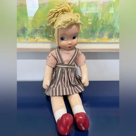Carnival Plastic Face Cloth Fabric Doll Blonde Yarn Braid Blue Eyes Vintage 60s