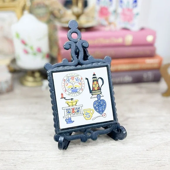 Vintage Cast Iron Ceramic Tile Trivet Japan Folk Art Scandinavian Kitchen Decor