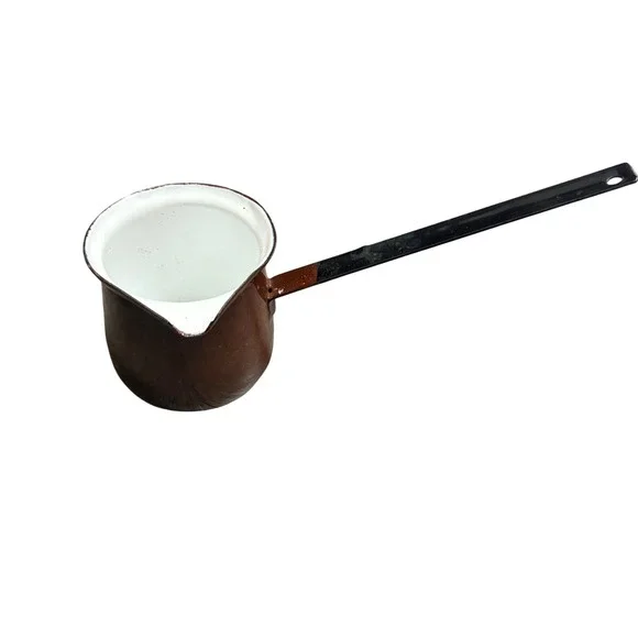 Vintage Brown Enamelware Turkish Coffee Pot Butter Warmer Long Handle Spout