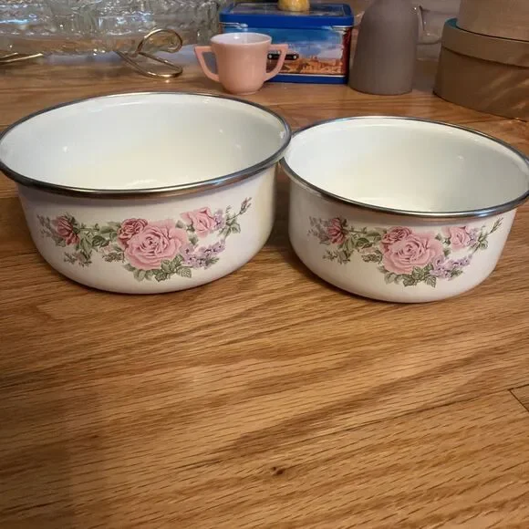 5”  and 6” Vintage Enamel Floral nesting BOWL pink rose flower