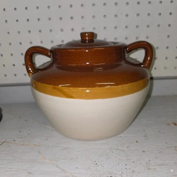 Vintage Smith-China Stoneware Bean Pot with Lid TwoTone Brown Ceramic Crock