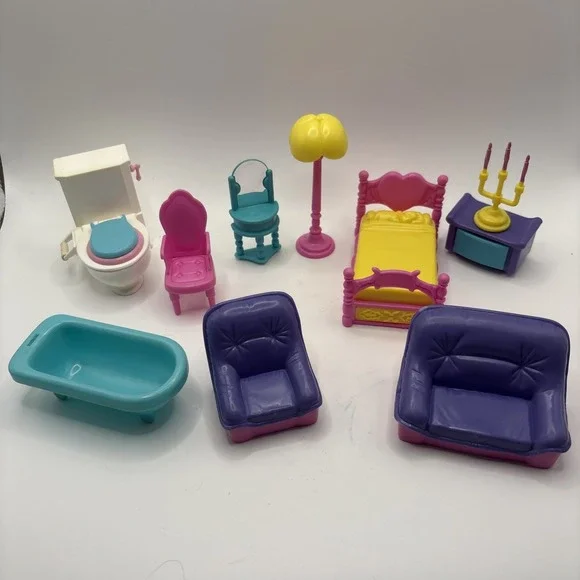 11 Vintage‎ Lot Of Doll House Plastic Furniture Colorful Bedroom Bathroom
