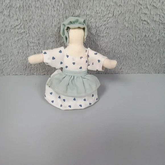 Handmade Primitive Cloth Rag Doll Faceless‎ Heart Print Dress Bonnet Sage Apron