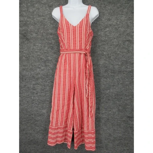 Anthropologie Ett:twa Jumpsuit Womens XS Red Striped Belted Wide Leg One Piece