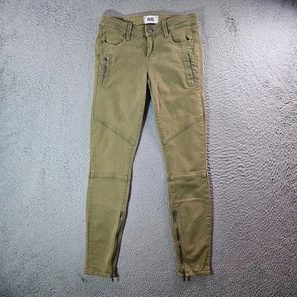 Paige Pants‎ Jeans Women Size 25 Skinny Stretch Zip Detailed Olive Green