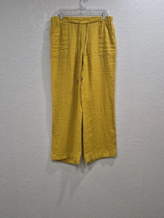 Style & Co. 100% Linen Wide Leg Pants Mustard Yellow Elastic Drawstring Size 6