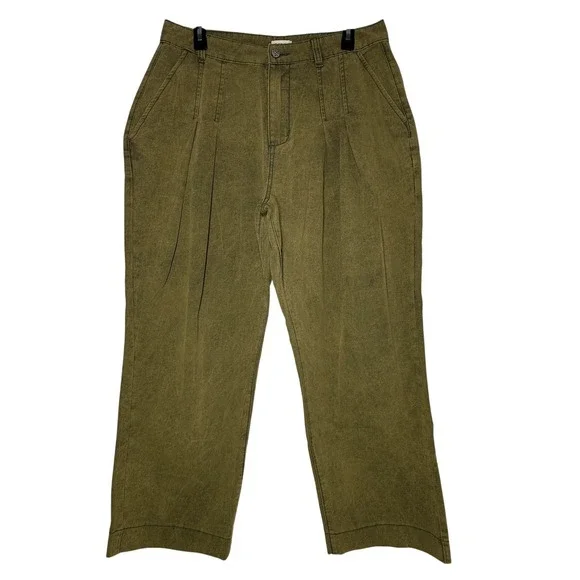POL Olive Green Acid Wash‎ High Rise Wide Leg Cotton Pleated Pants Size L YKP98