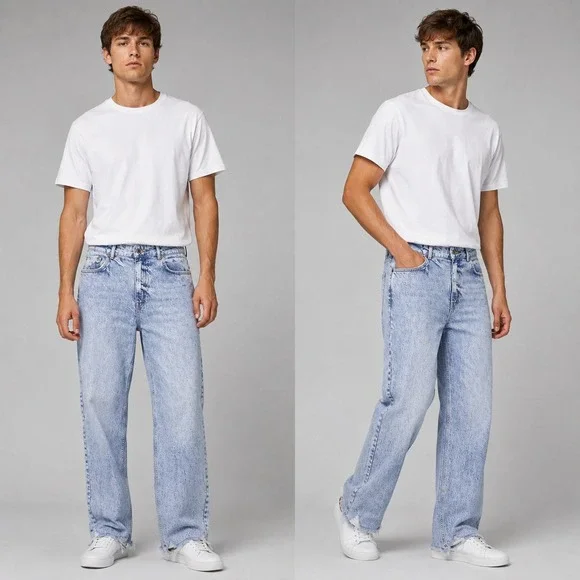 Zara Men(uni) Light Wash Straight Leg Distressed Raw Hem JeansBlue Denim Size 32