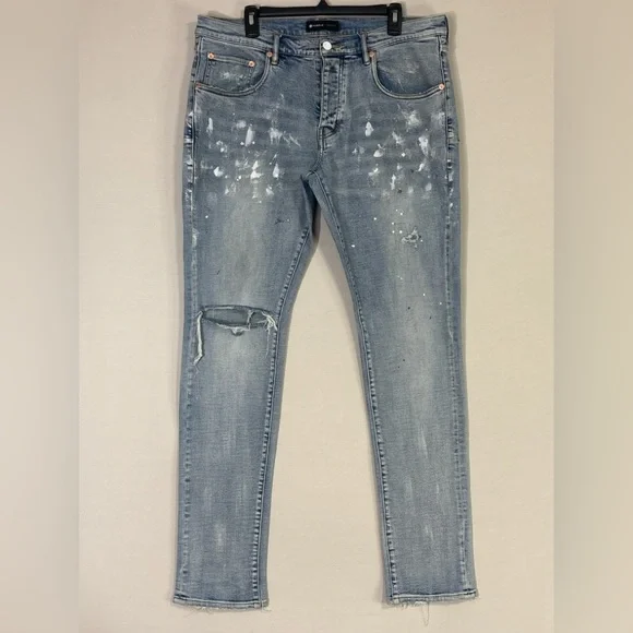 Purple Brand P001 Light Wash Paint Splatter Skinny Jeans 36