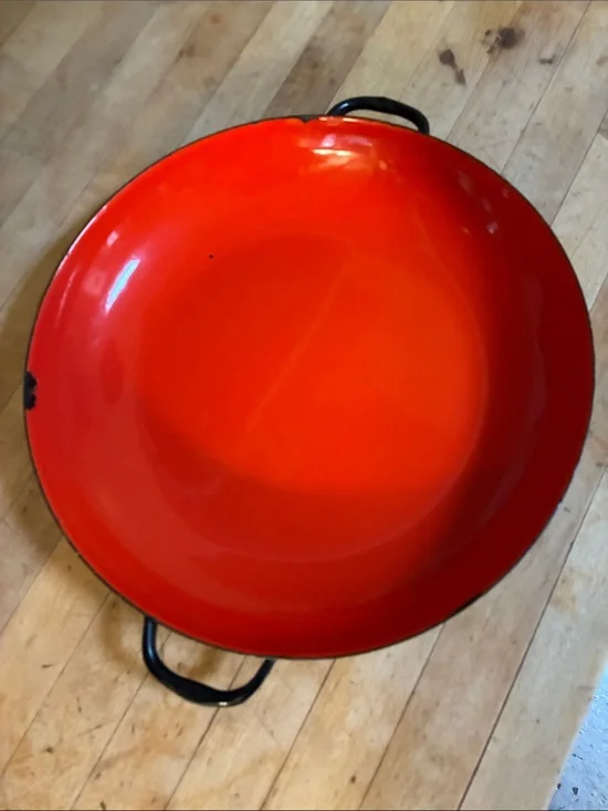 Vintage Orange Enamel Coated sizzling Server Pan with Black Handles
