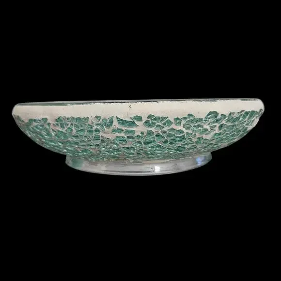 Vintage Green Crackle Mosaic Art Glass Oval Console Bowl Centerpiece