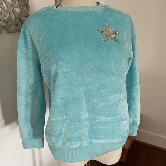 The Children's Place Faux Fur Sequin Star Casual Sweatshirt Blue Size 10/12