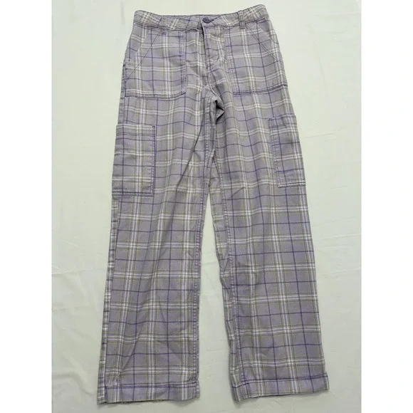 H&M Divided‎ Pants Womens 4 Purple Plaid Cargo Straight Leg Cotton Twill Casual