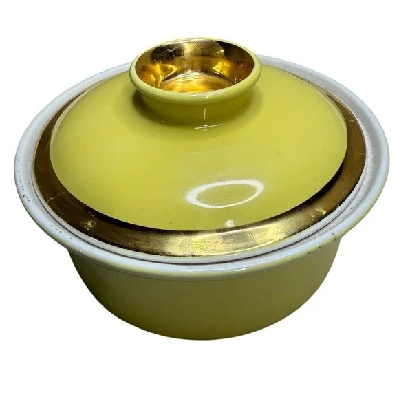 Vintage Mid‎ Century Yellow Ceramic Covered Casserole Dish Gold Trim MCM Lidded