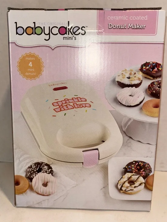 babycakes Ceramic Coated Mini Donut Maker in Cream and Pink-new in box