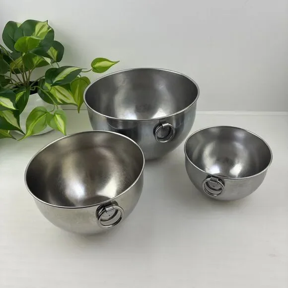 Vintage 40s Revere Ware O-Ring 3pc Stainless Steel Mixing Bowls Heavy Duty