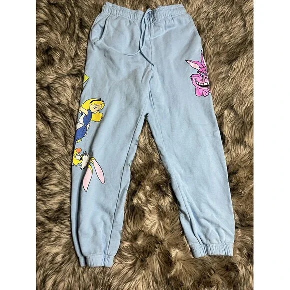 Disney Alice in Wonderland Graphic Sweatpants Light Blue Joggers Sz L Women