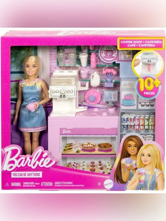 Barbie Coffee Shop with Blonde Barista Doll — Make Smoothies Tea NEW