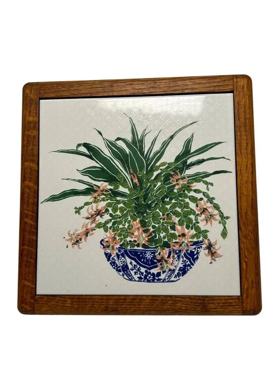 VTG Ceramic Tile Trivet Wooden Framed Floral Pot Italian Made Country Cottage