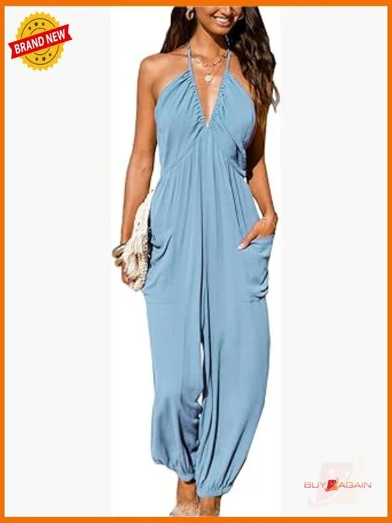 Plunge Halter Sleeveless Pleated Long Romper Jogger Maxi Jumpsuit with Pockets