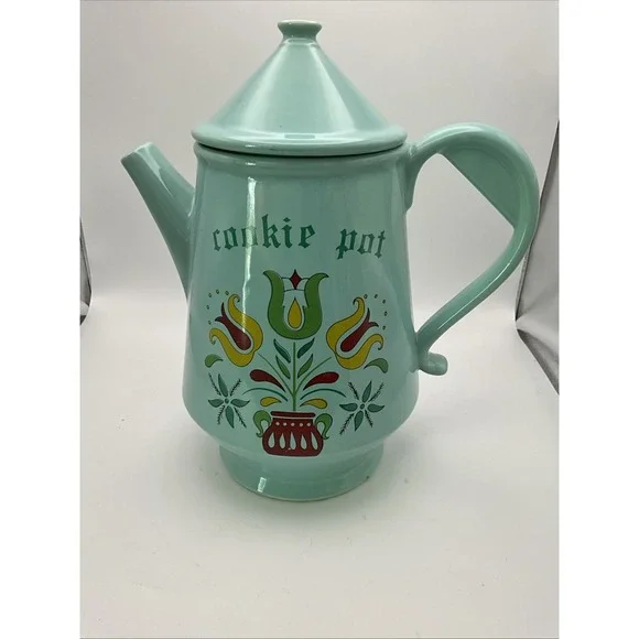 Vintage Cookie Pot Coffee Pot Cookie Jar Turquoise Blue Lidded Dutch Tulips 12