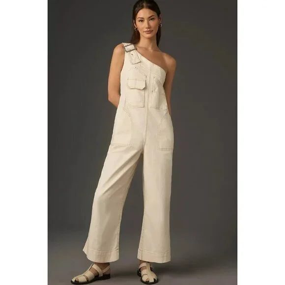 Pilcro One-Shoulder Utility Overalls Ivory XL Tall