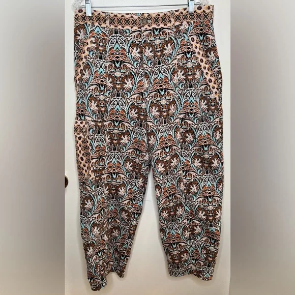 Anthropologie Corduroy Barrel Leg Pants, Blue & Brown Motif, Women’s 14