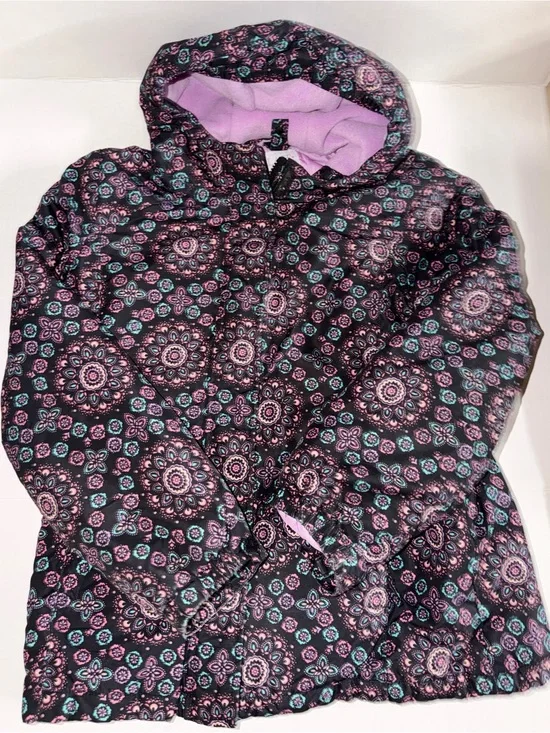The Children's Place Black Floral-Print Hooded Puffer Jacket with Purple Lining
