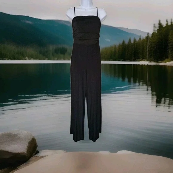 Cefian Women's Jumpsuit Black Lg Spaghetti Straps‎ Ruched Top Polyester Spandex