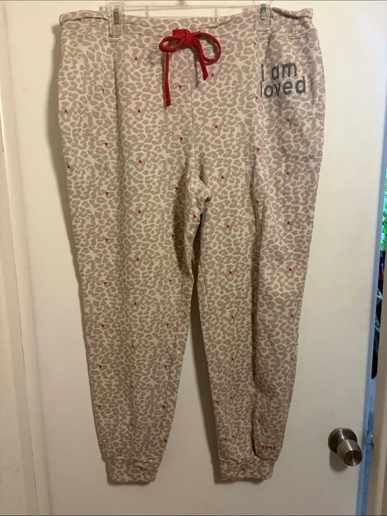 PEACE LOVE WORLD I Am Loved Leopard Print Jogger Pants with Hearts LARGE