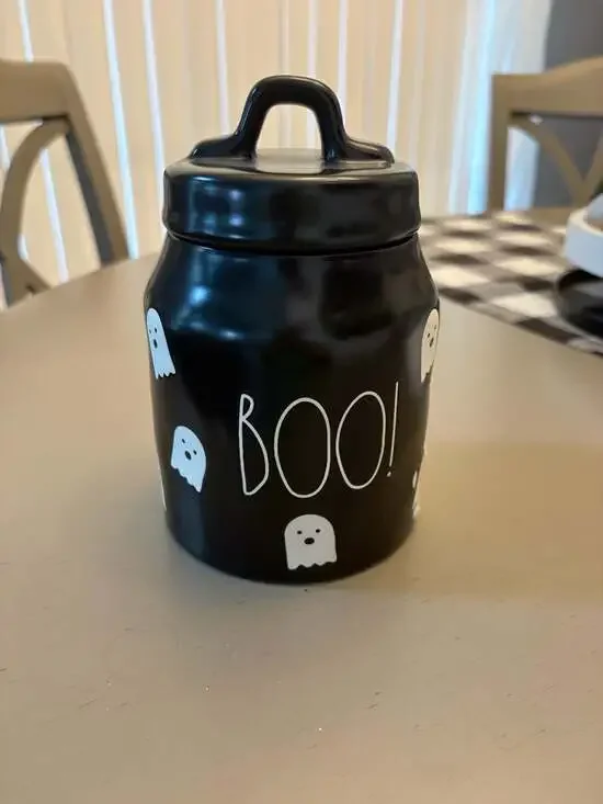 Rae Dunn Black BOO! Halloween Canister with Ghost