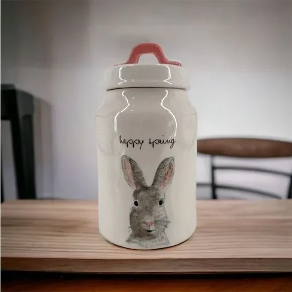 Rae Dunn Happy Spring Bunny Rabbit Canister Ivory Magenta Pink Handle 7.5” X 4.5