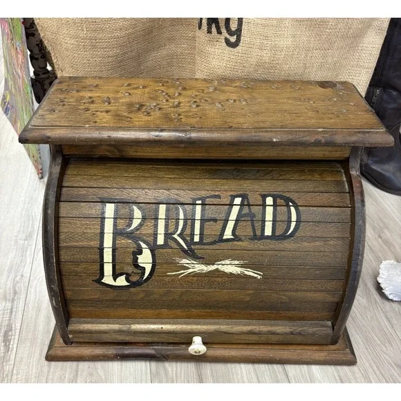 Vintage Knock On Wood Corp Wooden Roll Top Bread Box Farmhouse Made in USA 70's