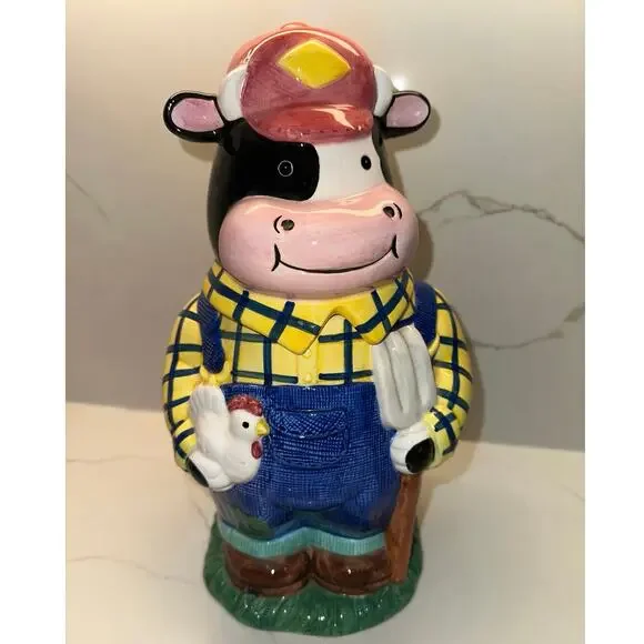 Rare Vintage Hank Holstein Farmer Cow Cookie Jar Yellow Plaid Chicken