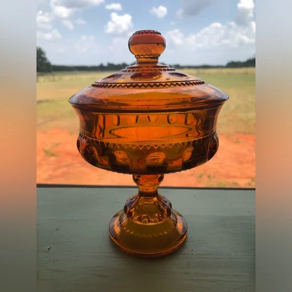 Indiana Glass Vtg 1950 Amber Kings Crown Thumbprint Pedestal Candy Dish W/ Lid