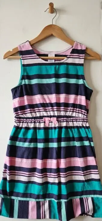 Gymboree Girls Striped Sleeveless Dress Size 8 Pink Navy Teal 100% Cotton Bow