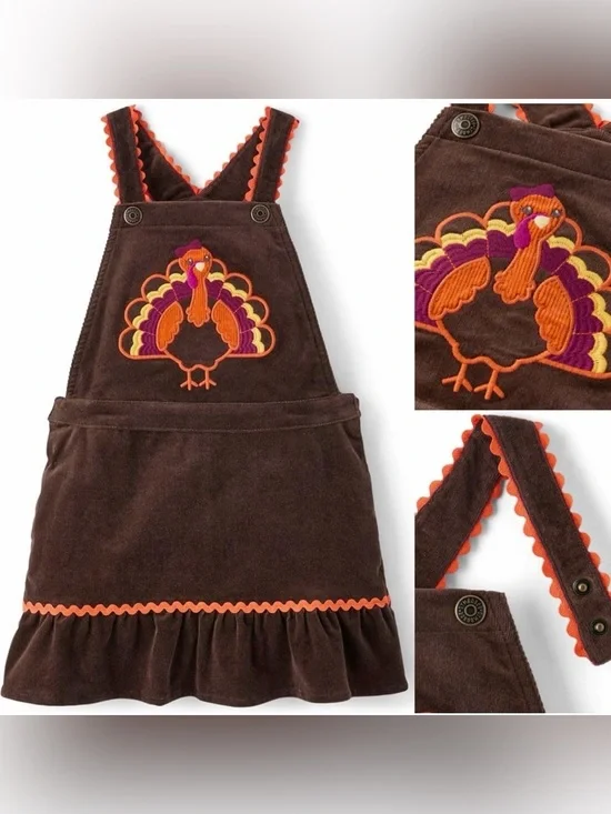 Gymboree Turkey Thanksgiving Overalls Brown Corduroy & Orange  Girl Dress Size 5