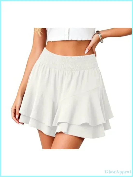 Flowy Boho Ruffle Tiered Skort with Pockets, Smocked Waist, Built-in Shorts,