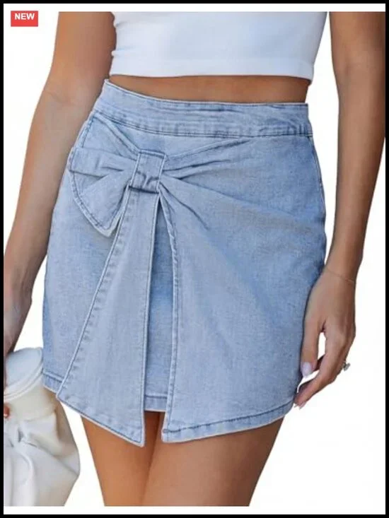 High Rise Denim Skort with Bow, Built-in Shorts, Back Zipper